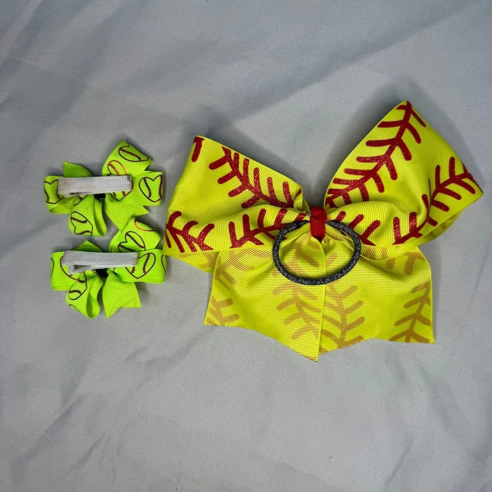 Softball Hair Bow Set Large Yellow Cheer Bow and 2 Green Heart Pigtail Clips